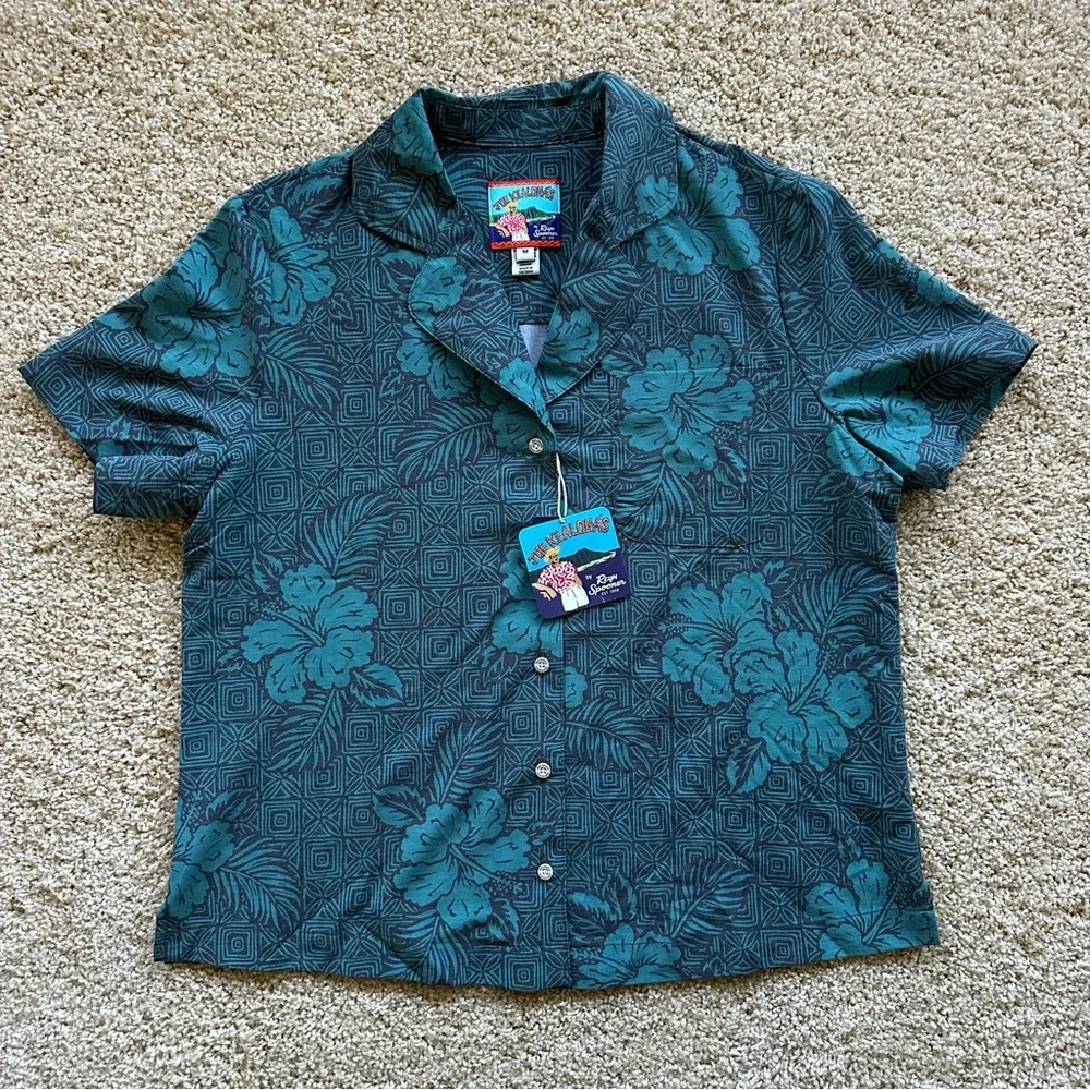 Men’s Reyn‎ Spooner Joe Kealoha Geometric Hibiscus Aloha Shirt Teal Size M